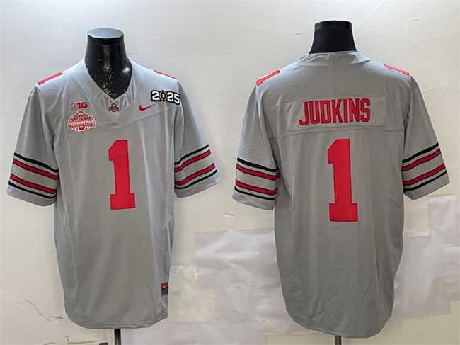 Mens Ohio State Buckeyes #1 Quinshon Judkins Grey 2025 CFP Final With National Champions Patch F.U.S.E. Vapor Limited Stitched Jersey